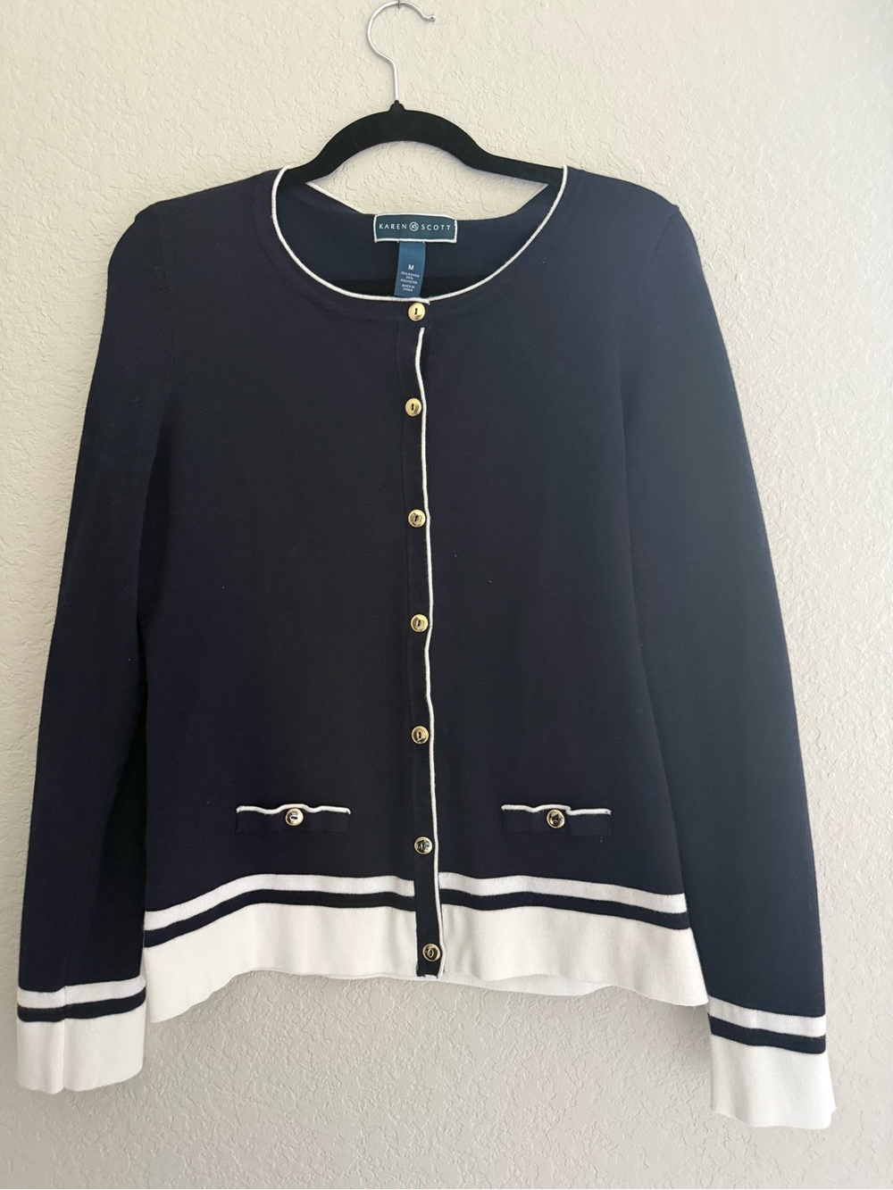 Karen Scott Navy Sweater with White Accent
